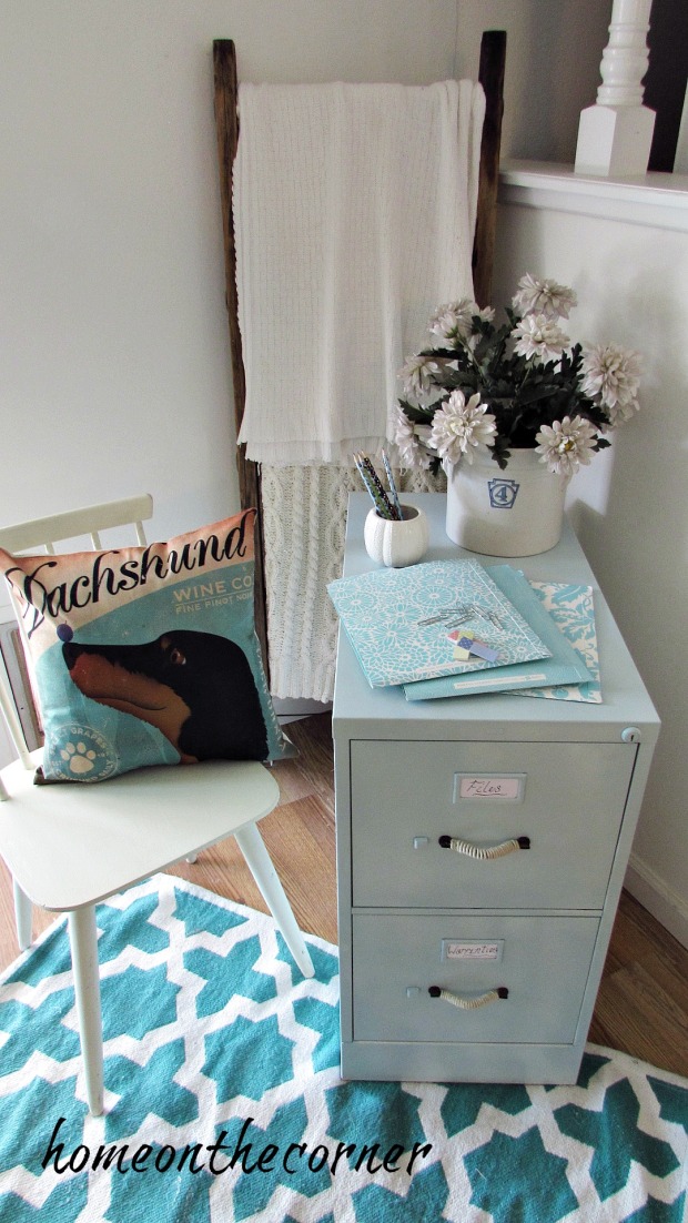 filing cabinet makeover files, chair, pillow