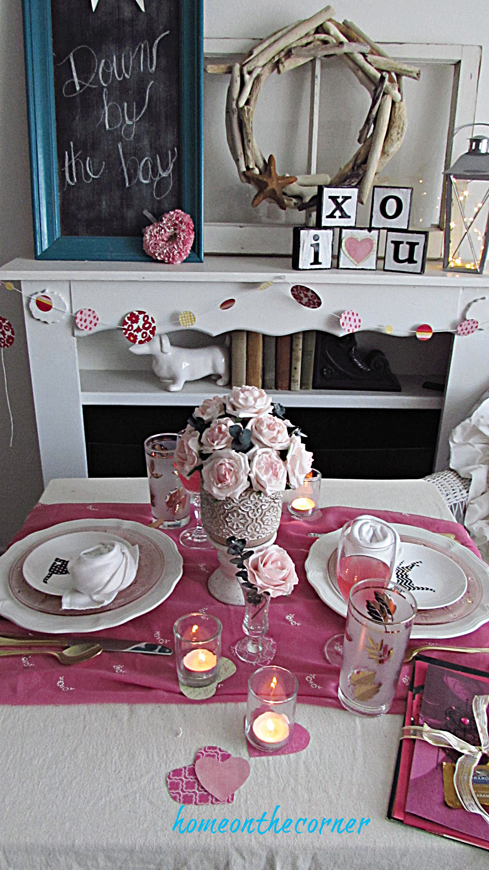 valentine tablescape pink, gold and shite hearts, flowers, candles